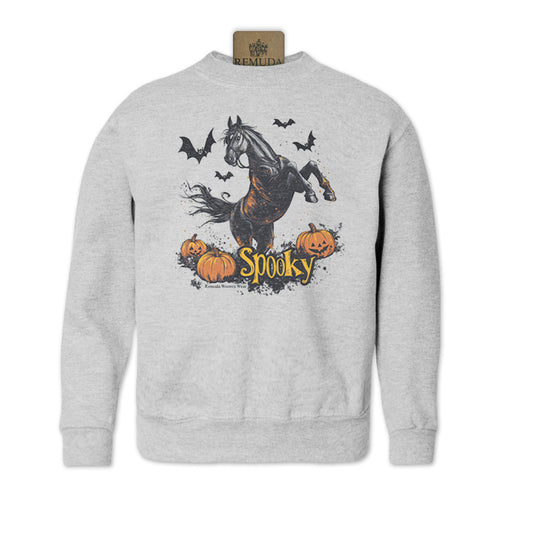 Spooky Horse Halloween western youth sweatshirt in heather grey color