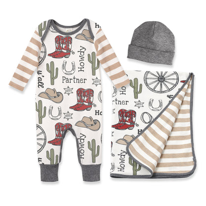 3-Pc Gift Set Cowboy Western Romper, Blanket & Matching Hat