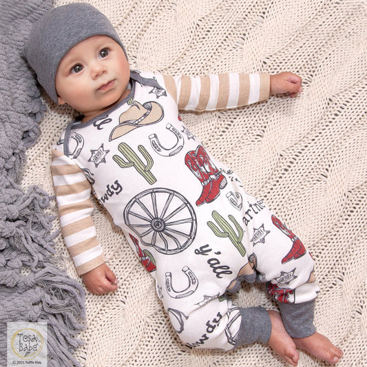 3-Pc Gift Set Cowboy Western Romper, Blanket & Matching Hat