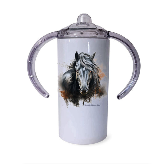 A children's western style sippy cup tumbler entitled "The Herd Sire", featuring a beautiful black stallion with orange and gray grunge style designs around him. 