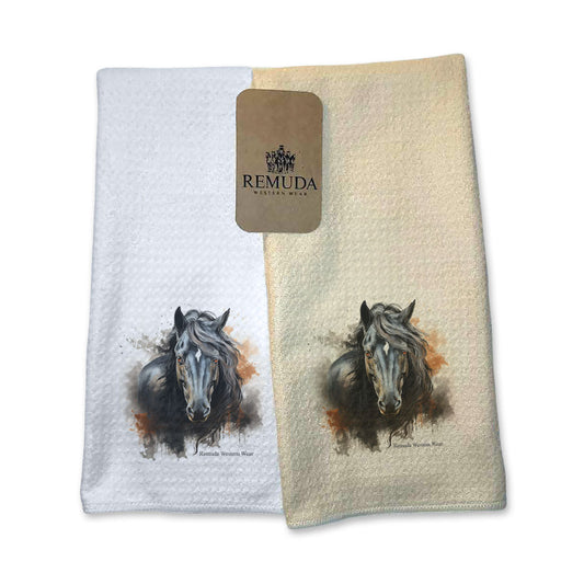 A set of vibrant western ranch style kitchen hand towels featuring a a stunning black stallion with vibrant orange and dark gray grunge style designs around him. Comes in a cream and white colors. The design captures the spirit of western culture.