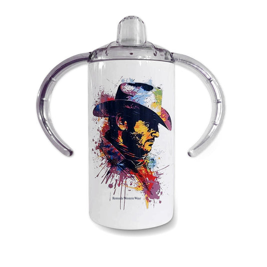 A children's western cowboy style sippy cup tumbler entitled "The Neon Cowboy", featuring a rich and vibrant paint splatter style profile image of a cowboy in dark neon colors. 