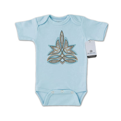 Western Boot Stitch Infant Short Sleeve One Piece Western Romper Light Blue