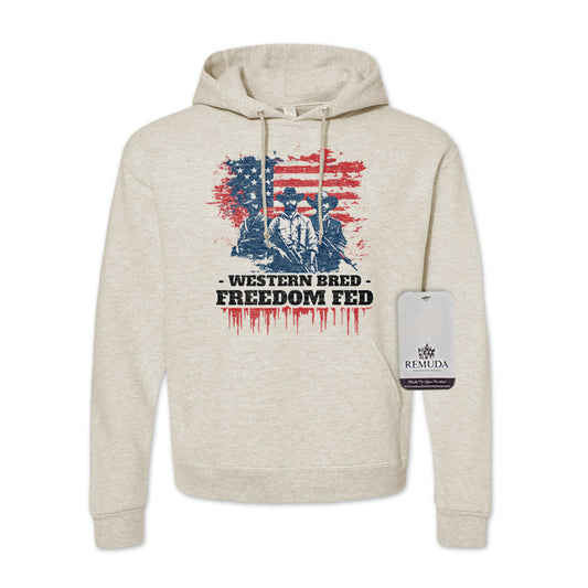Western Bred, Freedom Fed Adult Unisex Patriotic Hoodie in Heather Oatmeal