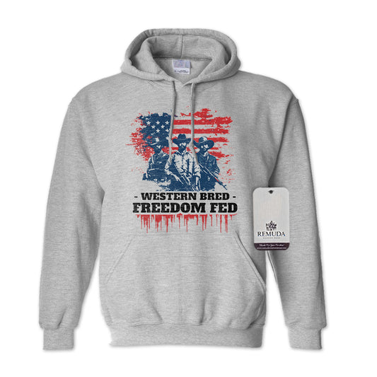 Western Bred, Freedom Fed Adult Unisex Patriotic Hoodie in Sport Gray