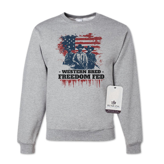 Western Bred, Freedom Fed Adult Unisex Patriotic Sweatshirt in Heather Gray