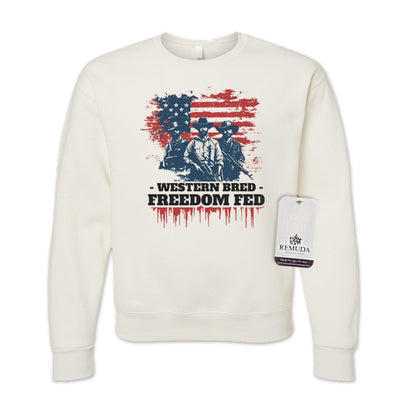 Western Bred, Freedom Fed Adult Unisex Patriotic Sweatshirt in Sweet Cream Heather