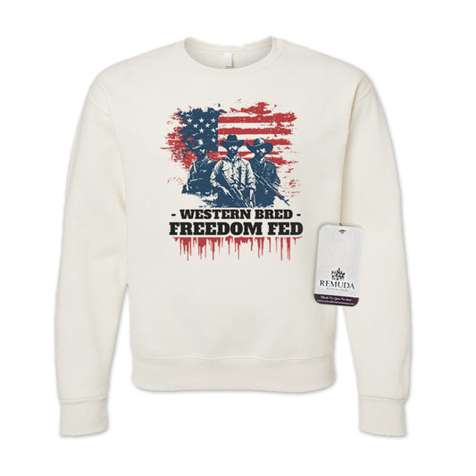 Western Bred, Freedom Fed Adult Unisex Patriotic Sweatshirt in Sweet Cream Heather