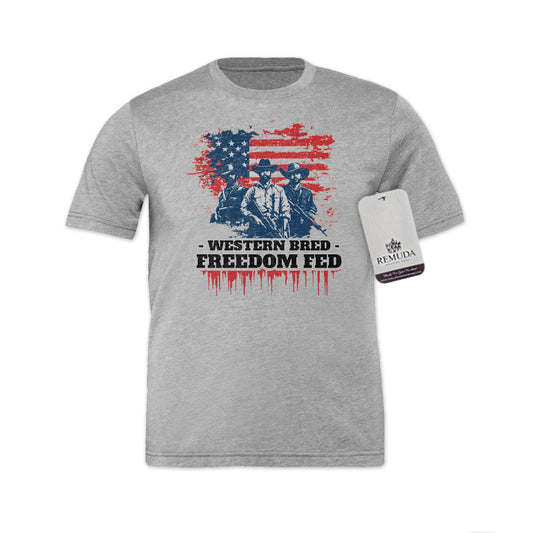 Western Bred, Freedom Fed Adult Unisex Patriotic Tee T-Shirt in Heather Gray