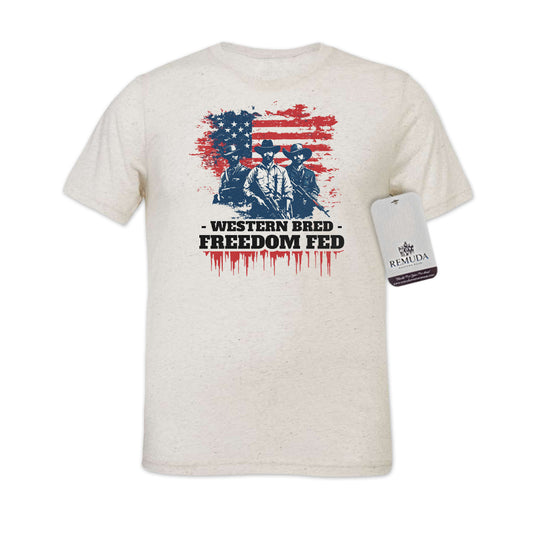 Western Bred, Freedom Fed Adult Unisex Patriotic Tee T-Shirt in Oatmeal