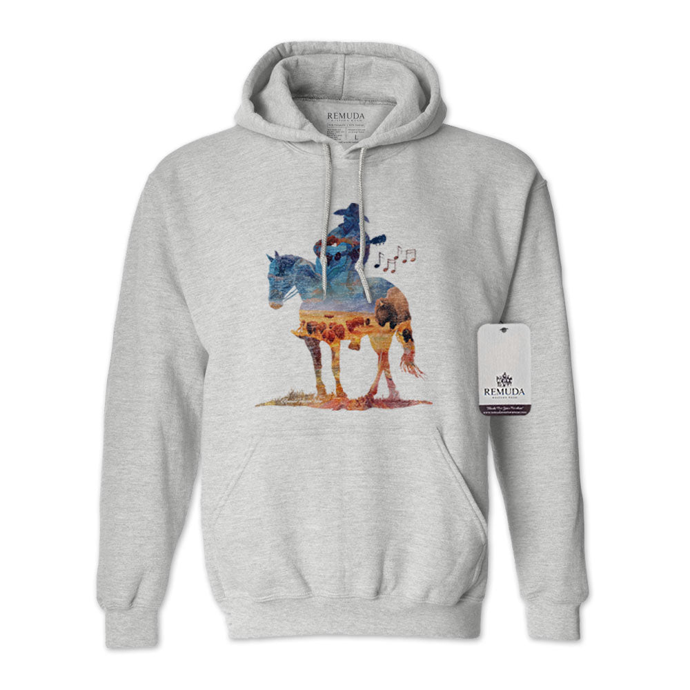 Watercolor illustration of a cowboy riding a horse while playing a guitar, featured on a unisex Western-style ash gray color adult hoodie with a soft, artistic design.