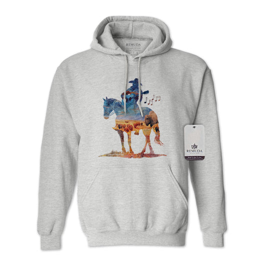 Watercolor illustration of a cowboy riding a horse while playing a guitar, featured on a unisex Western-style ash gray color adult hoodie with a soft, artistic design.