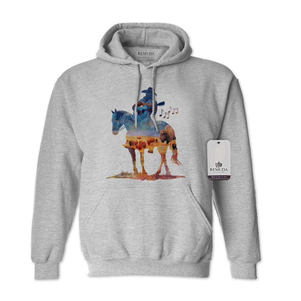 Watercolor illustration of a cowboy riding a horse while playing a guitar, featured on a unisex Western-style sport gray color adult hoodie with a soft, artistic design.