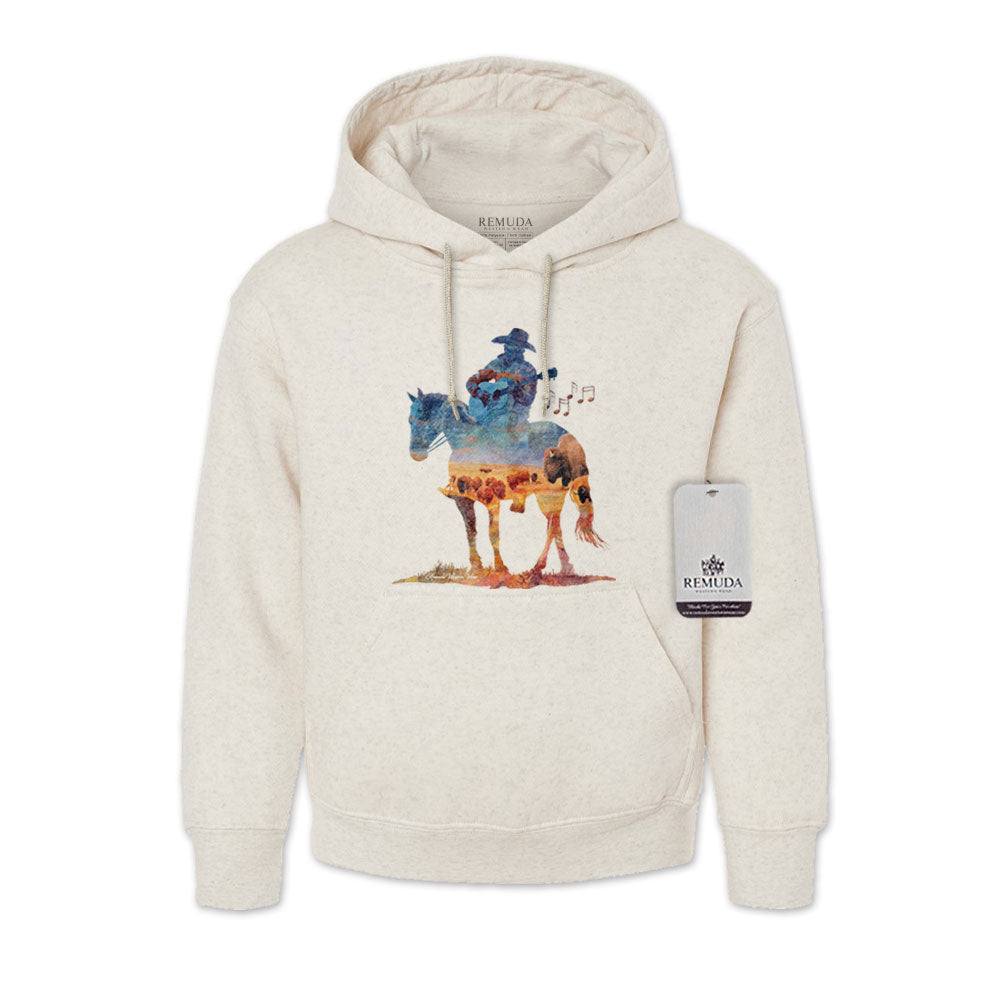 Watercolor illustration of a cowboy riding a horse while playing a guitar, featured on a unisex Western-style Oatmeal color adult hoodie with a soft, artistic design.