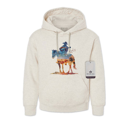 Watercolor illustration of a cowboy riding a horse while playing a guitar, featured on a unisex Western-style Oatmeal color adult hoodie with a soft, artistic design.