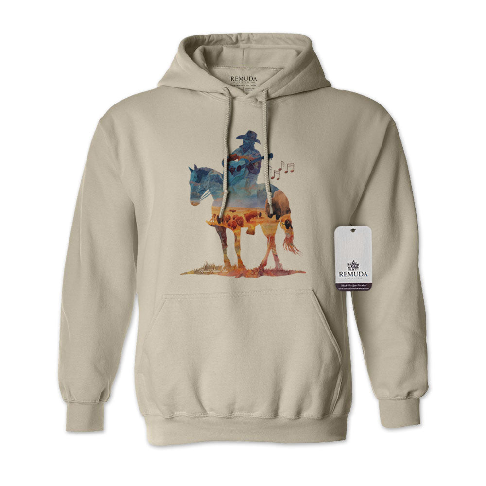 Watercolor illustration of a cowboy riding a horse while playing a guitar, featured on a unisex Western-style solid tan color adult hoodie with a soft, artistic design.