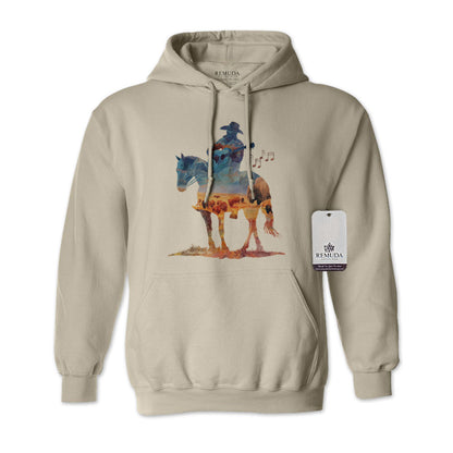 Watercolor illustration of a cowboy riding a horse while playing a guitar, featured on a unisex Western-style solid tan color adult hoodie with a soft, artistic design.