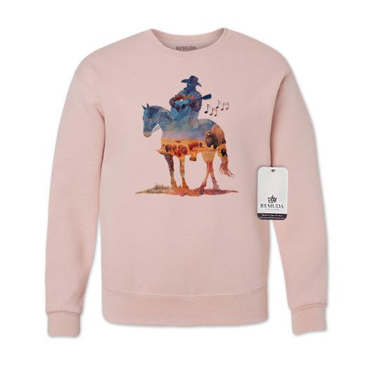Watercolor illustration of a cowboy riding a horse while playing a guitar, featured on an blush pink unisex Western-style sweatshirt with a soft, artistic design.