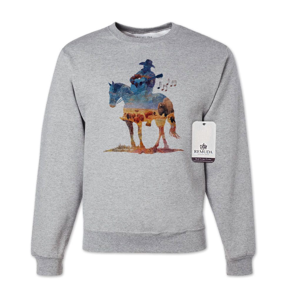Watercolor illustration of a cowboy riding a horse while playing a guitar, featured on a sport gray unisex Western-style sweatshirt with a soft, artistic design.