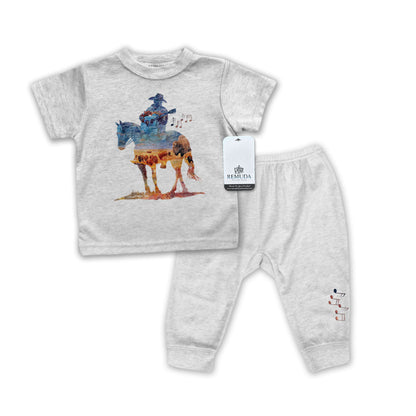 Infant 2-Piece gray Sleepwear Pajamas with a watercolor-style illustration of a cowboy on horseback playing a guitar, overlaid with a herd of roaming buffalo, creating a soft, artistic western design.