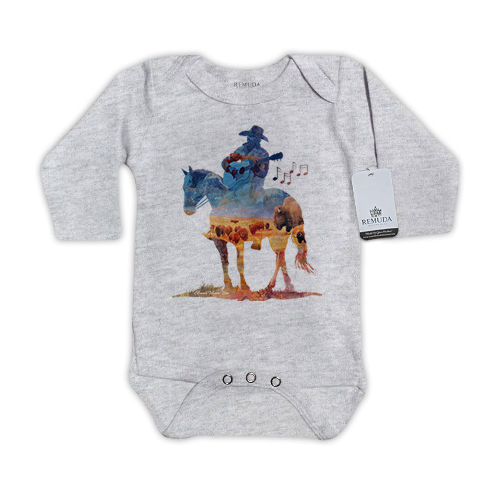 Infant western one piece long sleeve gray romper featuring a watercolor-style illustration of a cowboy on horseback playing a guitar, with a soft, artistic western design.