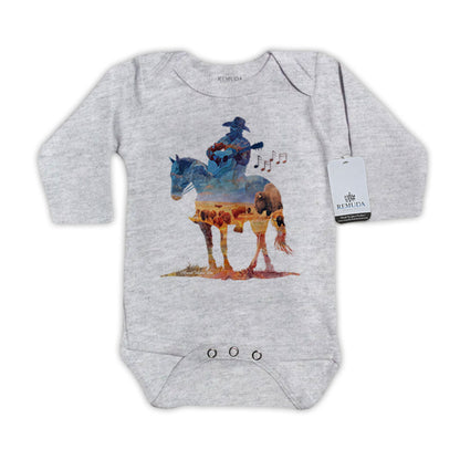 Infant western one piece long sleeve gray romper featuring a watercolor-style illustration of a cowboy on horseback playing a guitar, with a soft, artistic western design.