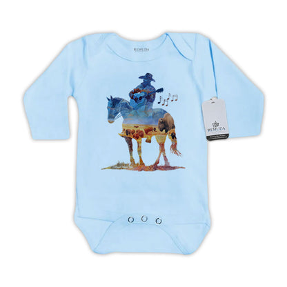 Infant western one piece long sleeve light blue romper featuring a watercolor-style illustration of a cowboy on horseback playing a guitar, with a soft, artistic western design.