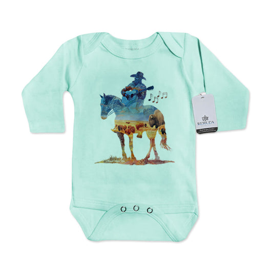 Infant western one piece long sleeve turquoise romper featuring a watercolor-style illustration of a cowboy on horseback playing a guitar, with a soft, artistic western design.