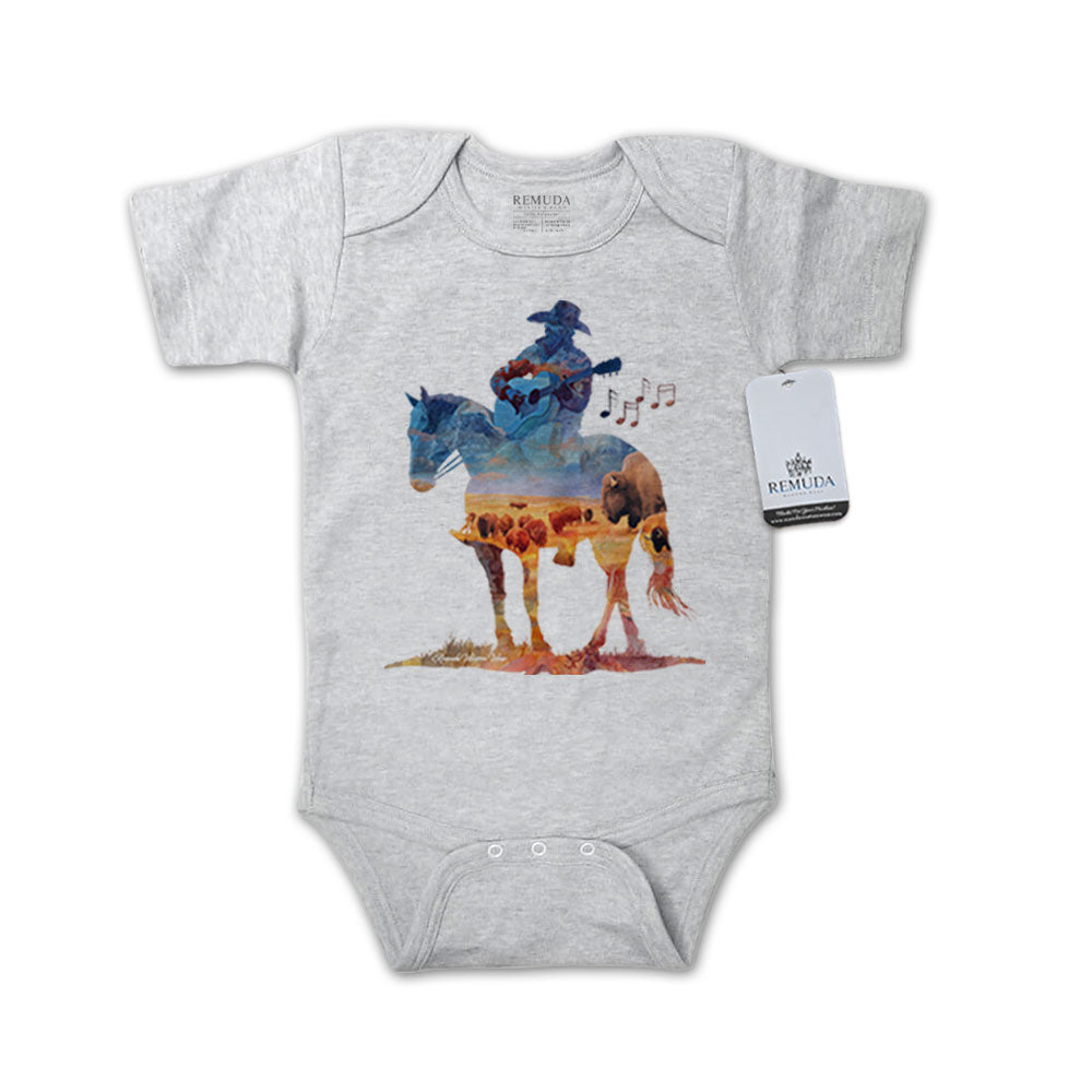 Infant western one piece short sleeve gray romper featuring a watercolor-style illustration of a cowboy on horseback playing a guitar, with a soft, artistic western design. 