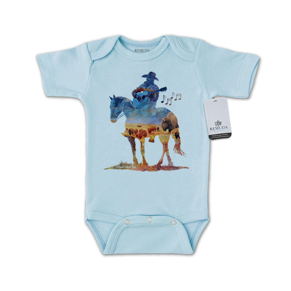 Infant western one piece short sleeve light blue romper featuring a watercolor-style illustration of a cowboy on horseback playing a guitar, with a soft, artistic western design.