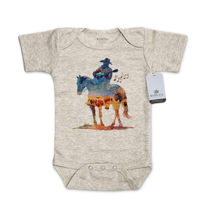 Infant western one piece short sleeve oatmeal romper featuring a watercolor-style illustration of a cowboy on horseback playing a guitar, with a soft, artistic western design.
