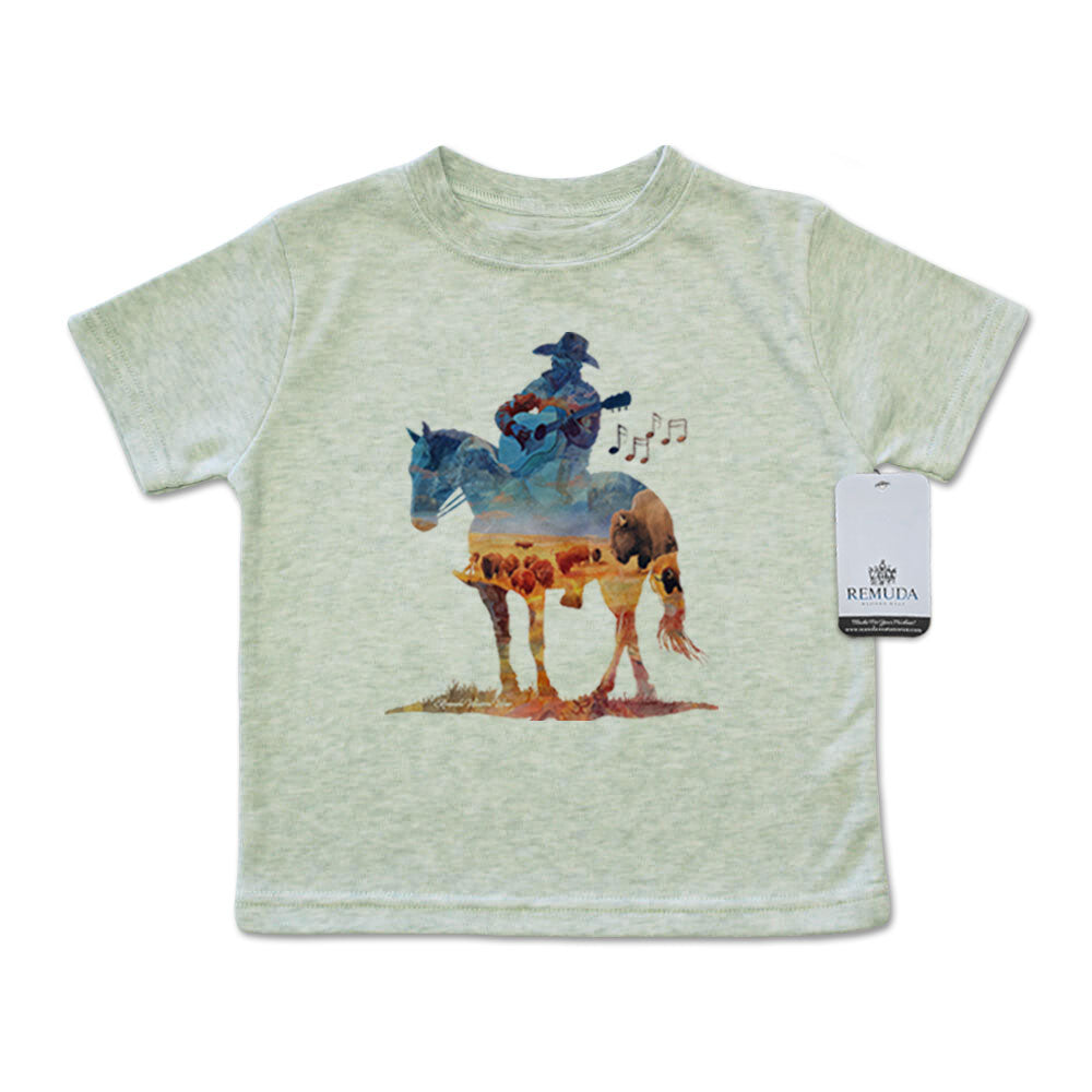 Watercolor-style western illustration on an infant sage green color t-shirt featuring a cowboy on horseback playing a guitar, with a soft, artistic “Where The Buffalo Roam” overlay design.