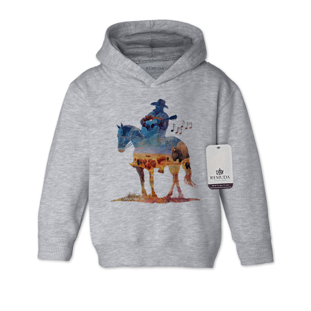 Watercolor-style illustration on a heather gray toddler pullover hoodie showing a cowboy on horseback playing a guitar, titled “Where The Buffalo Roam,” in a playful western design.