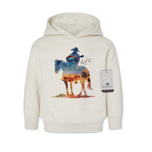 Watercolor-style illustration on an oatmeal toddler pullover hoodie showing a cowboy on horseback playing a guitar, titled “Where The Buffalo Roam,” in a playful western design.