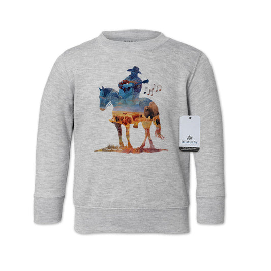 Watercolor-style illustration on a gray toddler sweatshirt showing a cowboy on horseback playing a guitar, with a playful western theme titled “Where The Buffalo Roam.”