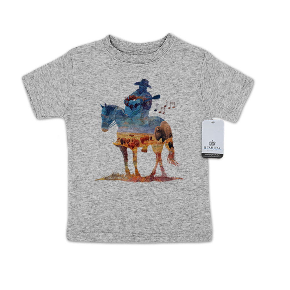 Watercolor-style illustration on a heather gray toddler t-shirt showing a cowboy on horseback playing a guitar, titled “Where The Buffalo Roam,” with a playful western theme.