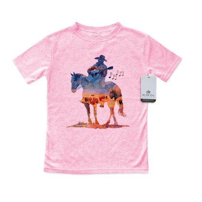 Watercolor-style illustration on a pink toddler t-shirt showing a cowboy on horseback playing a guitar, titled “Where The Buffalo Roam,” with a playful western theme.