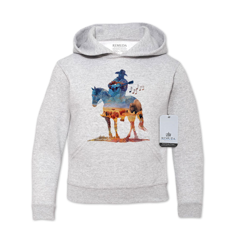Youth ash gray pullover hoodie featuring a watercolor-style design of a cowboy on horseback playing a guitar, inspired by western themes, titled “Where The Buffalo Roam.”