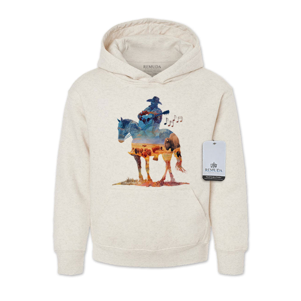 Youth oatmeal pullover hoodie featuring a watercolor-style design of a cowboy on horseback playing a guitar, inspired by western themes, titled “Where The Buffalo Roam.”