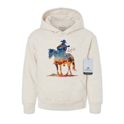 Youth oatmeal pullover hoodie featuring a watercolor-style design of a cowboy on horseback playing a guitar, inspired by western themes, titled “Where The Buffalo Roam.”