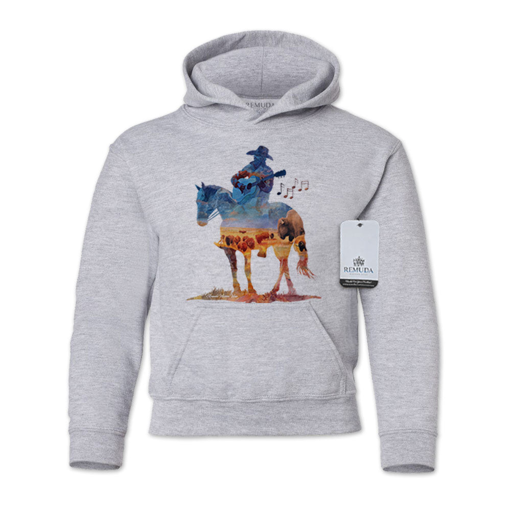 Youth sport gray pullover hoodie featuring a watercolor-style design of a cowboy on horseback playing a guitar, inspired by western themes, titled “Where The Buffalo Roam.”