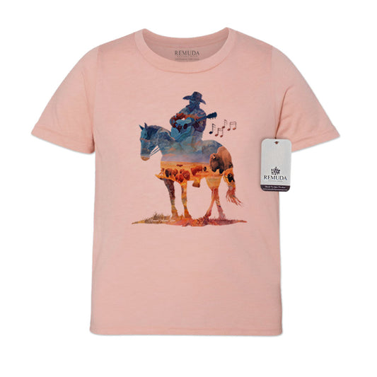 Watercolor-style youth desert rose color t-shirt design showing a cowboy on horseback playing a guitar with a semi-transparent buffalo herd overlay, titled “Where The Buffalo Roam.”