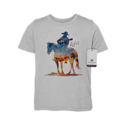 Watercolor-style youth heather gray color t-shirt design showing a cowboy on horseback playing a guitar with a semi-transparent buffalo herd overlay, titled “Where The Buffalo Roam.”