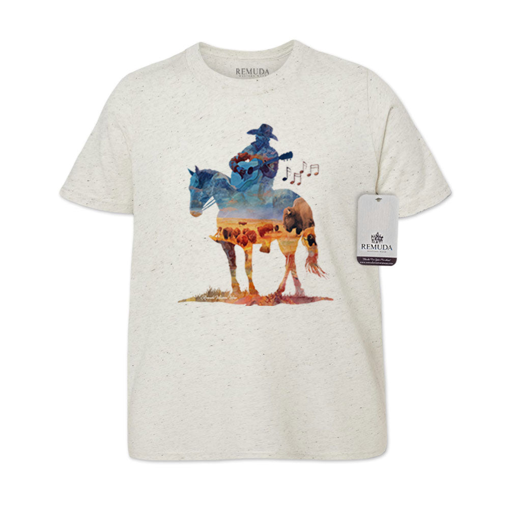 Watercolor-style youth oatmeal color t-shirt design showing a cowboy on horseback playing a guitar with a semi-transparent buffalo herd overlay, titled “Where The Buffalo Roam.”