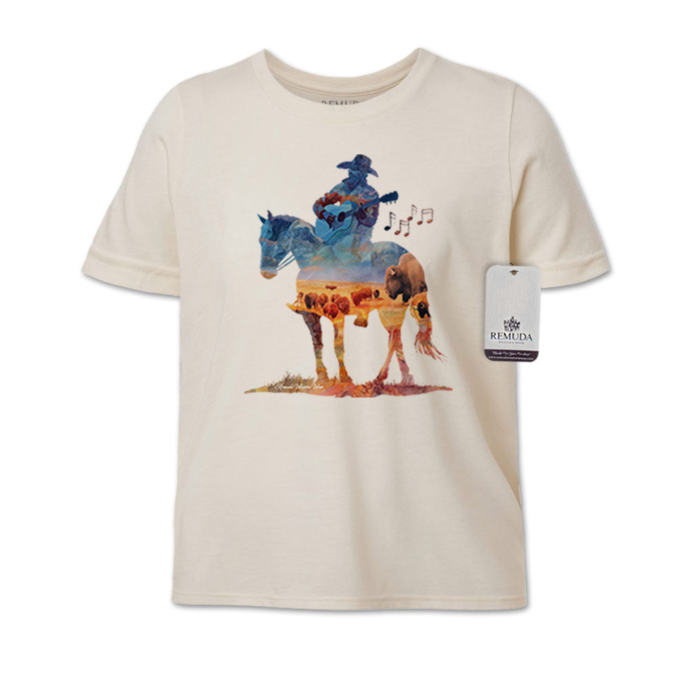 Watercolor-style youth solid natural color t-shirt design showing a cowboy on horseback playing a guitar with a semi-transparent buffalo herd overlay, titled “Where The Buffalo Roam.”