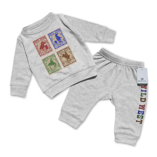 Wild West Rodeo Stamps Infant Western 2 Piece Sweatsuit Gray